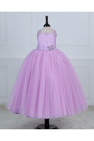 Lavender Net & Satin Embroidered Gown For Girls by Li & Li Boutique