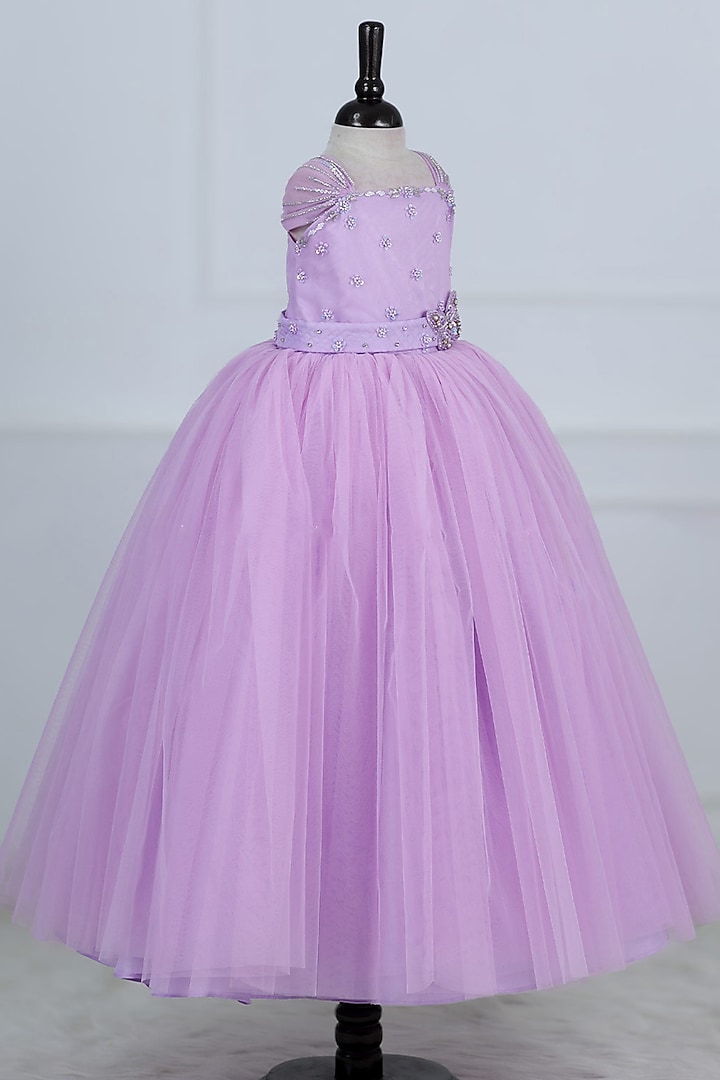 Lavender Net & Satin Embroidered Gown For Girls by Li & Li Boutique at Pernia's Pop Up Shop