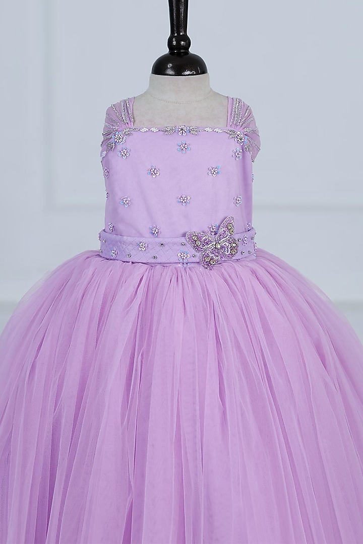 Lavender Net & Satin Embroidered Gown For Girls by Li & Li Boutique at Pernia's Pop Up Shop