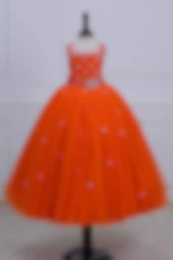Orange Net & Satin Embroidered Gown For Girls by Li & Li Boutique at Pernia's Pop Up Shop