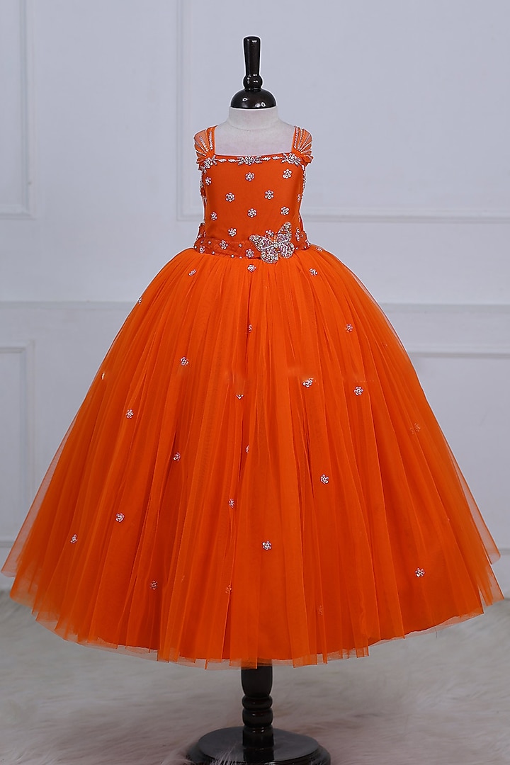 Orange Net & Satin Embroidered Gown For Girls by Li & Li Boutique at Pernia's Pop Up Shop