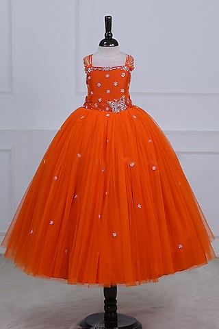 Orange Net & Satin Embroidered Gown For Girls by Li & Li Boutique
