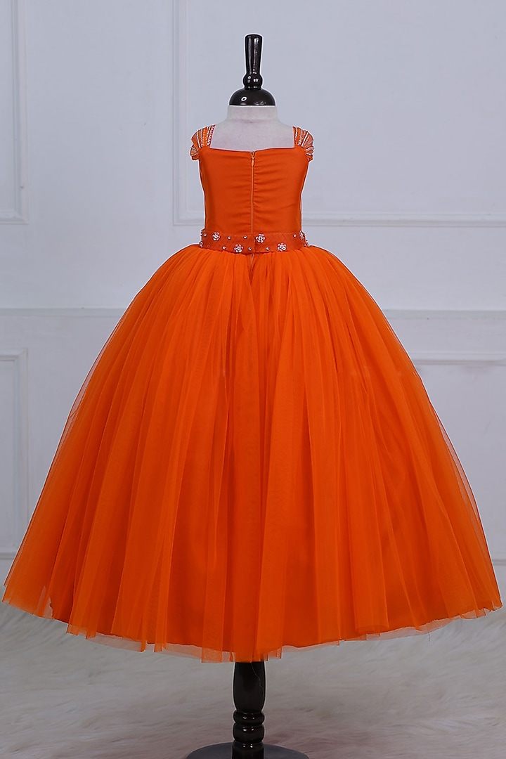 Orange Net & Satin Embroidered Gown For Girls by Li & Li Boutique at Pernia's Pop Up Shop