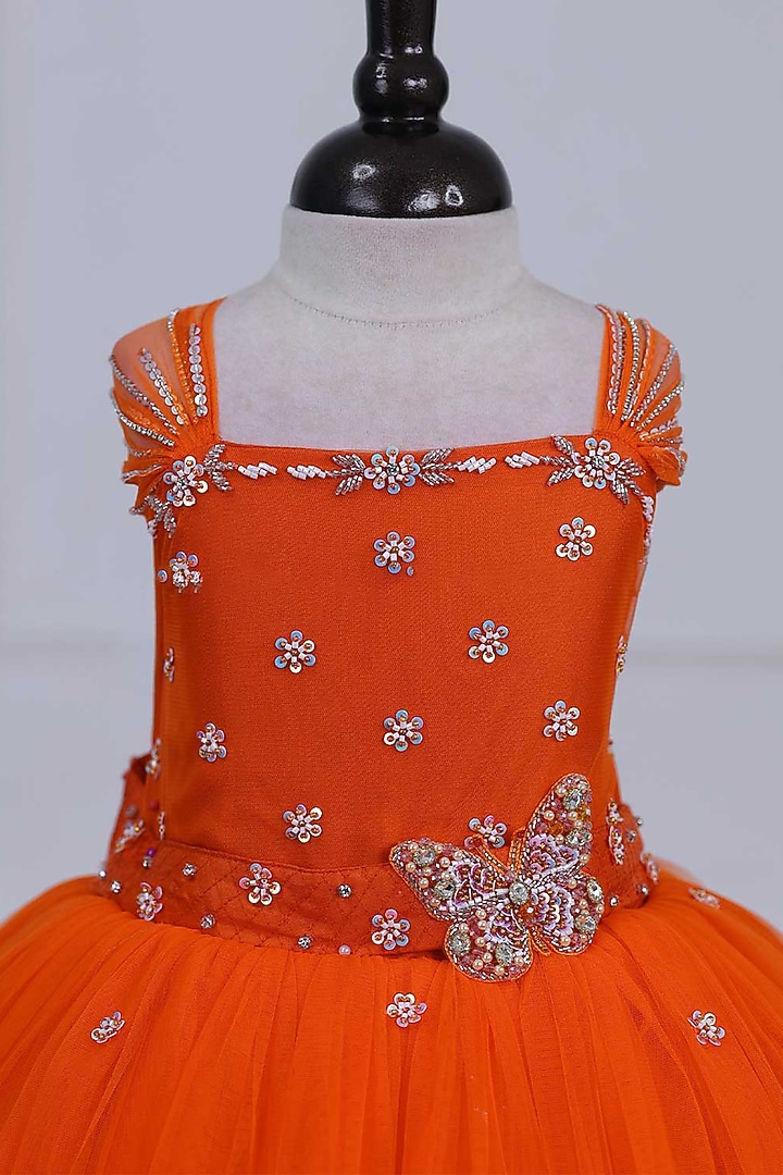 Orange Net & Satin Embroidered Gown For Girls by Li & Li Boutique at Pernia's Pop Up Shop