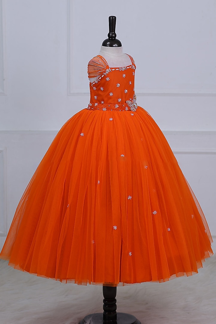 Orange Net & Satin Embroidered Gown For Girls by Li & Li Boutique at Pernia's Pop Up Shop
