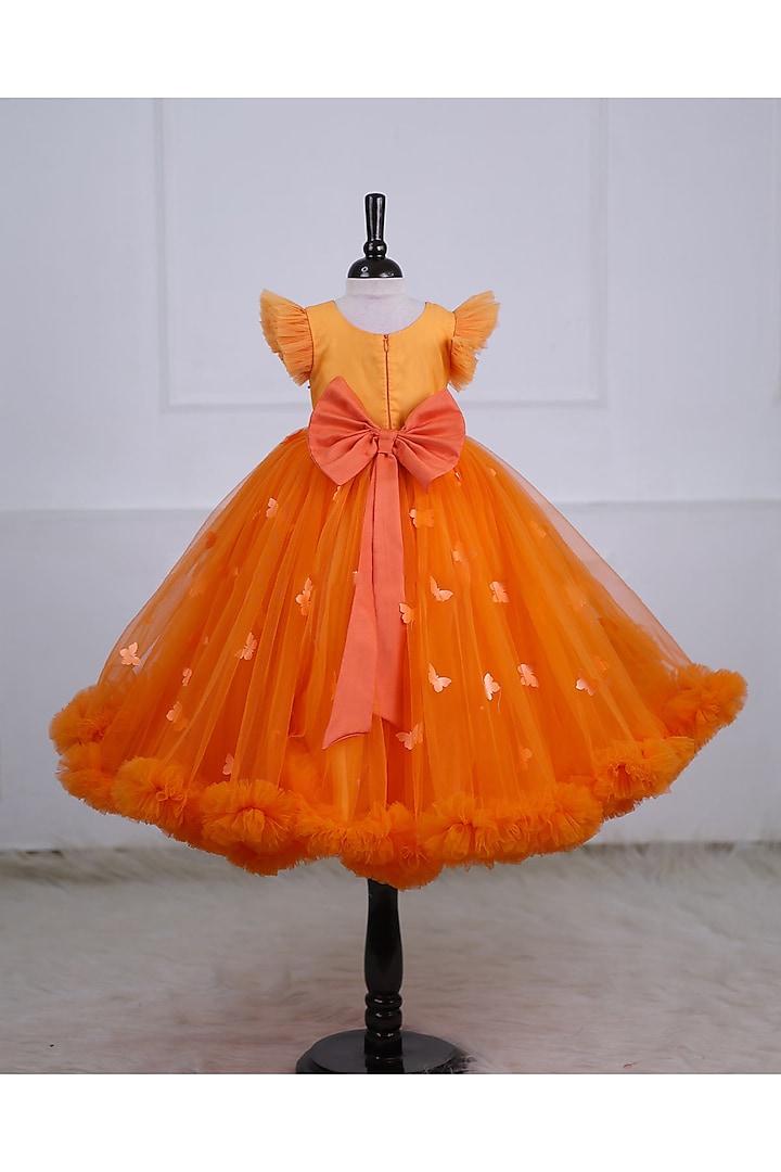 Orange Net & Satin Embroidered Gown For Girls by Li & Li Boutique at Pernia's Pop Up Shop