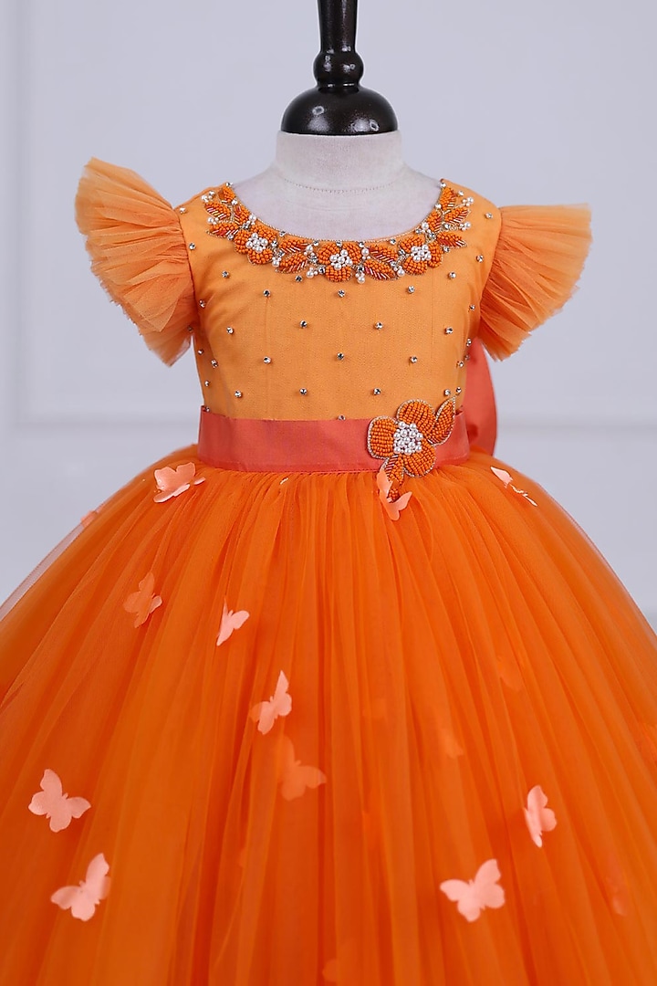 Orange Net & Satin Embroidered Gown For Girls by Li & Li Boutique at Pernia's Pop Up Shop