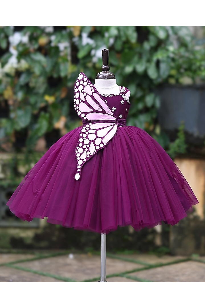 Plum Purple Net & Satin Embroidered Gown For Girls by Li & Li Boutique at Pernia's Pop Up Shop