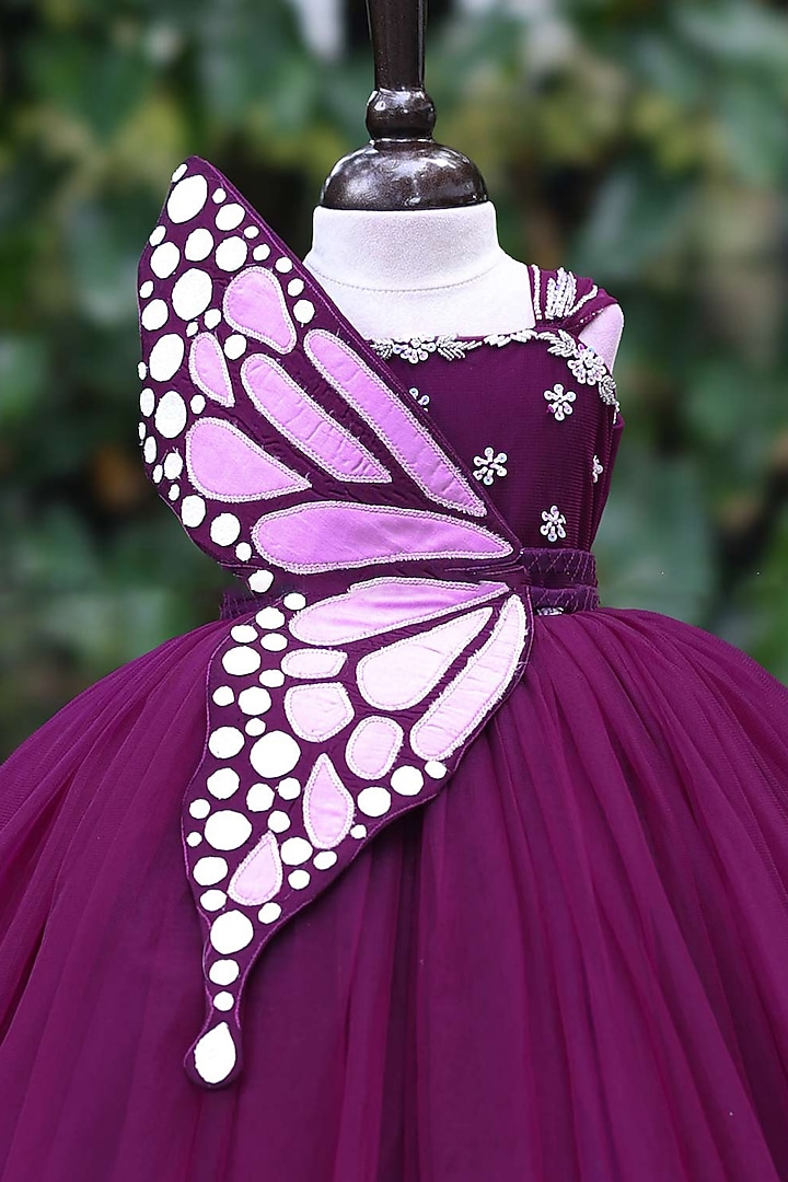 Plum Purple Net & Satin Embroidered Gown For Girls by Li & Li Boutique at Pernia's Pop Up Shop