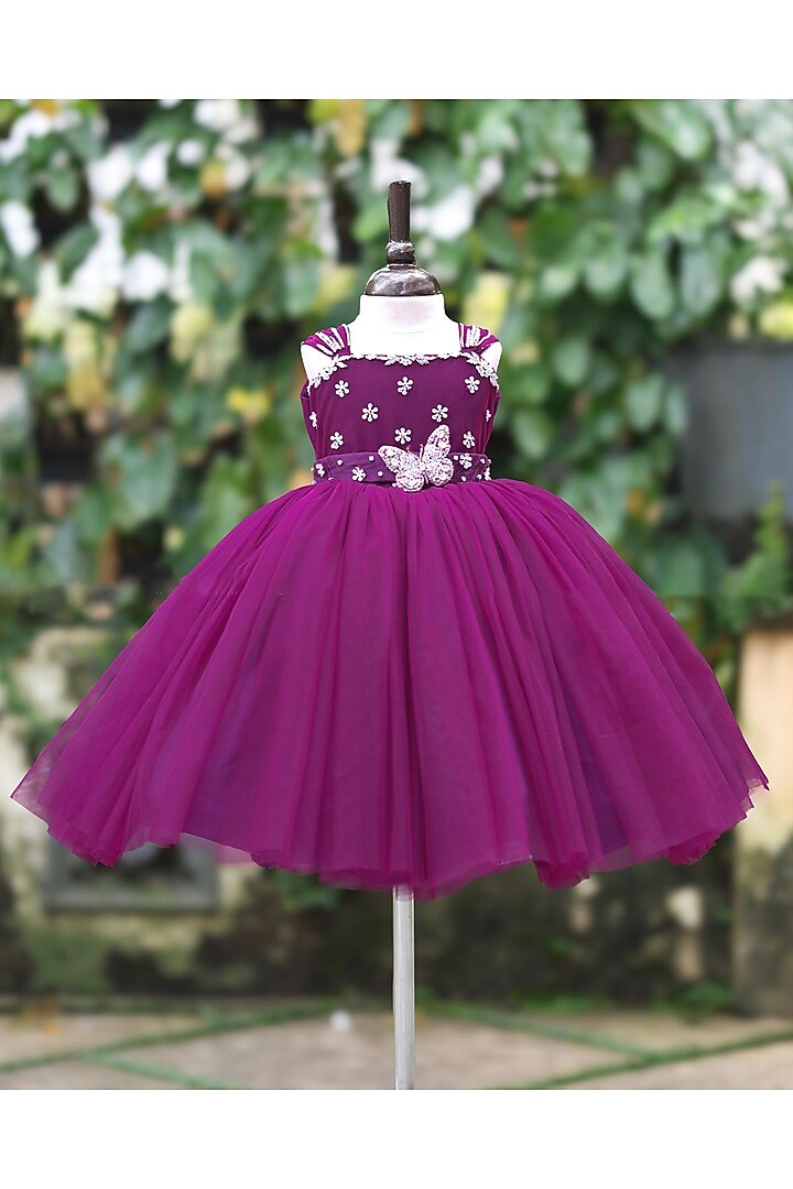 Plum Purple Net & Satin Embroidered Gown For Girls by Li & Li Boutique at Pernia's Pop Up Shop