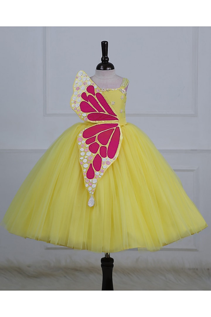 Macaroon Yellow Net & Satin Embroidered Gown For Girls by Li & Li Boutique at Pernia's Pop Up Shop