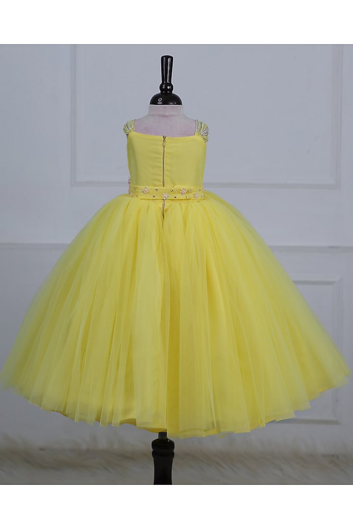 Macaroon Yellow Net & Satin Embroidered Gown For Girls by Li & Li Boutique at Pernia's Pop Up Shop