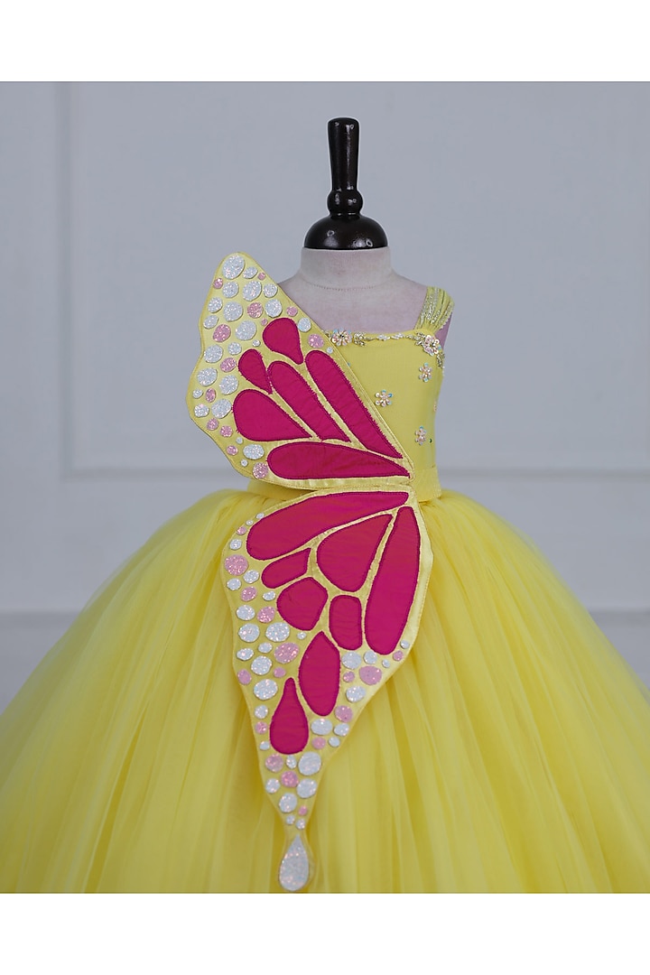 Macaroon Yellow Net & Satin Embroidered Gown For Girls by Li & Li Boutique at Pernia's Pop Up Shop