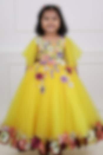 Mango Yellow Net & Satin Embroidered Gown For Girls by Li & Li Boutique at Pernia's Pop Up Shop