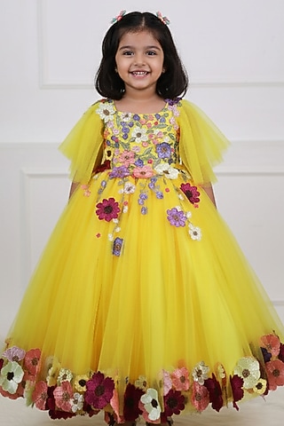 Mango Yellow Net & Satin Embroidered Gown For Girls by Li & Li Boutique
