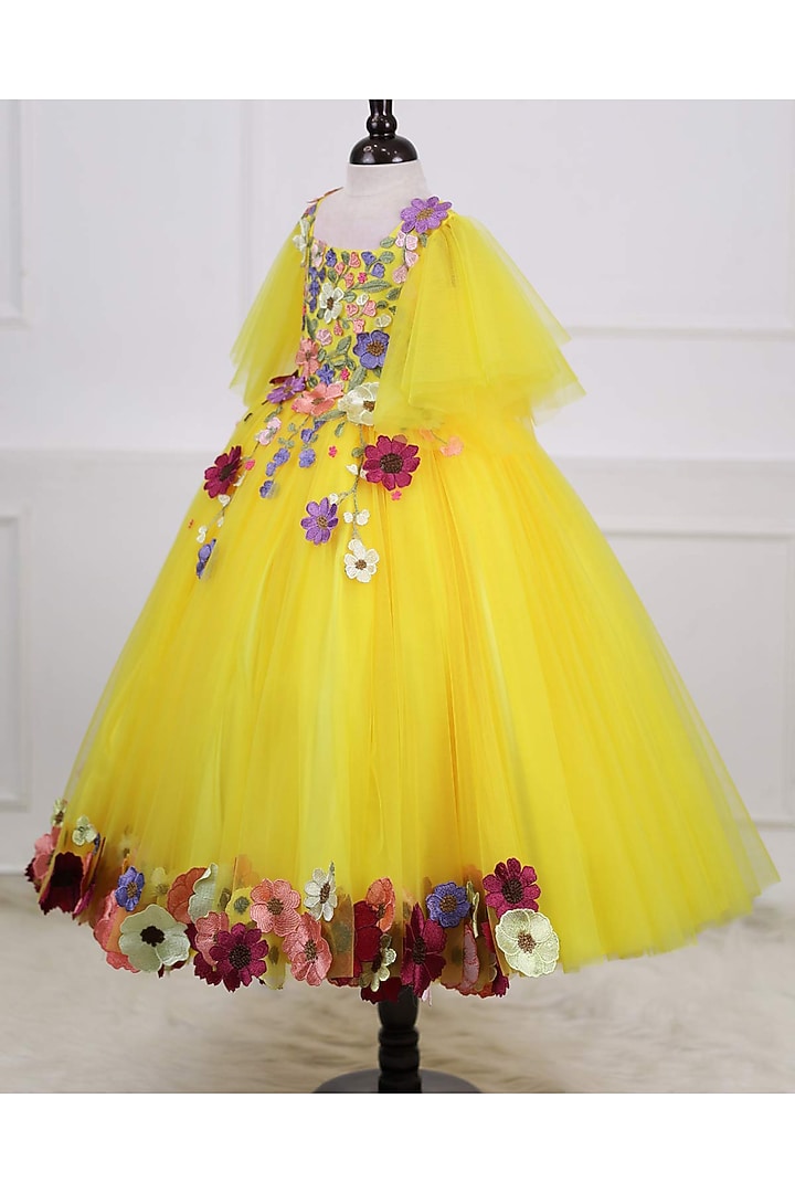Mango Yellow Net & Satin Embroidered Gown For Girls by Li & Li Boutique at Pernia's Pop Up Shop