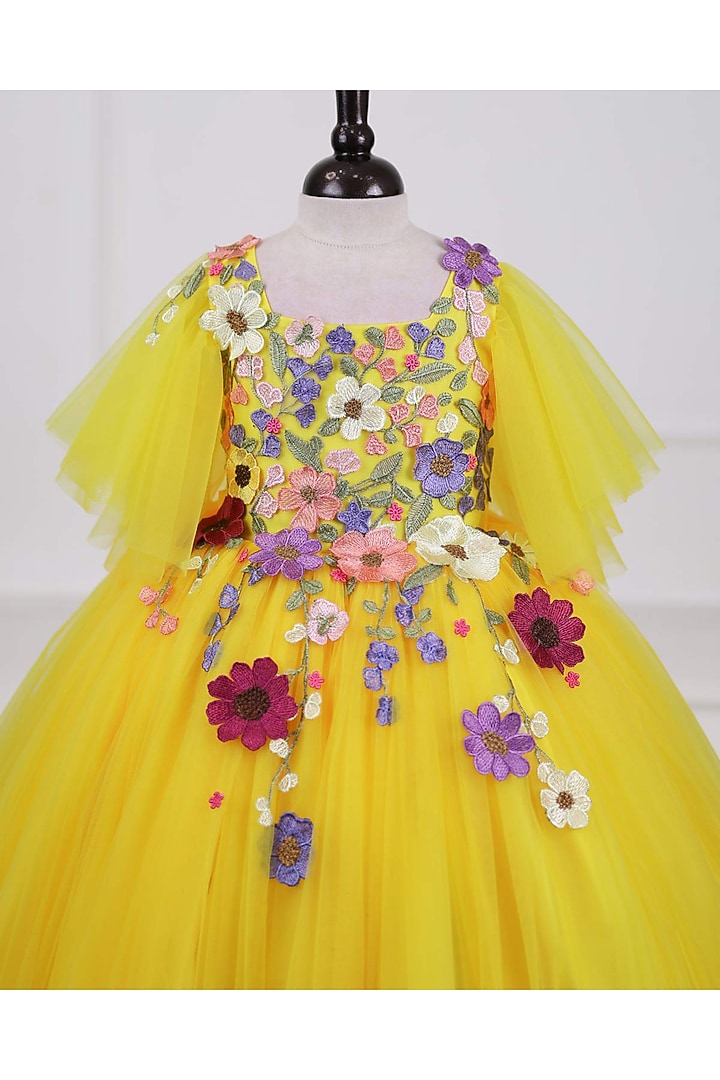 Mango Yellow Net & Satin Embroidered Gown For Girls by Li & Li Boutique at Pernia's Pop Up Shop