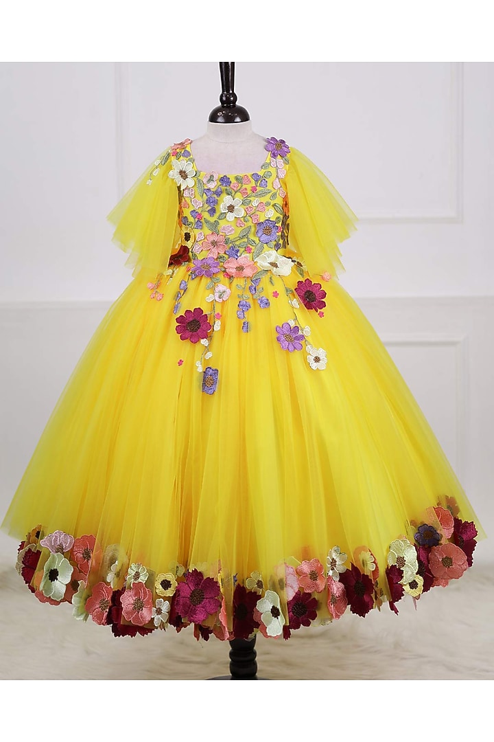 Mango Yellow Net & Satin Embroidered Gown For Girls by Li & Li Boutique at Pernia's Pop Up Shop