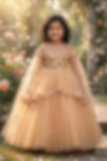 Biscuit Brown Net & Satin Embroidered Gown For Girls by Li & Li Boutique at Pernia's Pop Up Shop