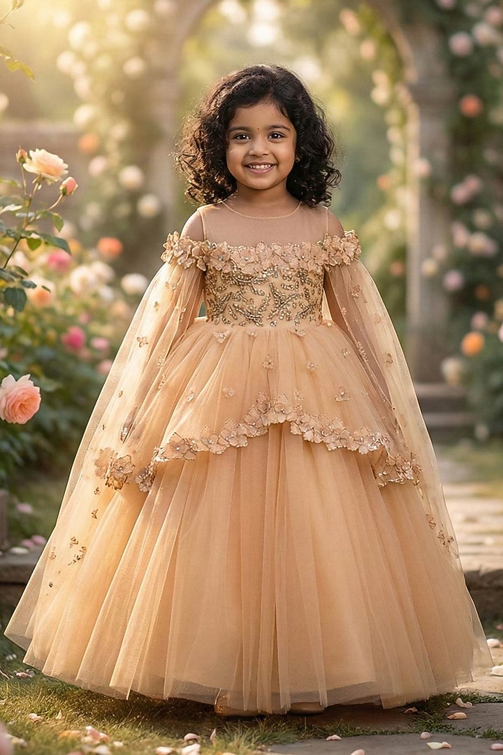 Biscuit Brown Net & Satin Embroidered Gown For Girls by Li & Li Boutique at Pernia's Pop Up Shop