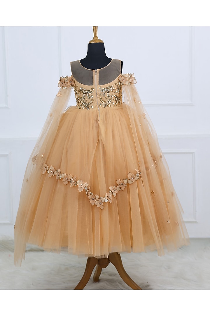 Biscuit Brown Net & Satin Embroidered Gown For Girls by Li & Li Boutique at Pernia's Pop Up Shop