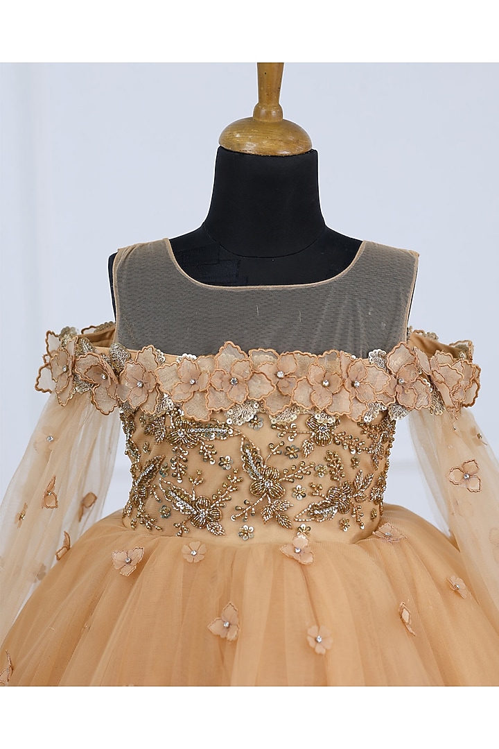 Biscuit Brown Net & Satin Embroidered Gown For Girls by Li & Li Boutique at Pernia's Pop Up Shop