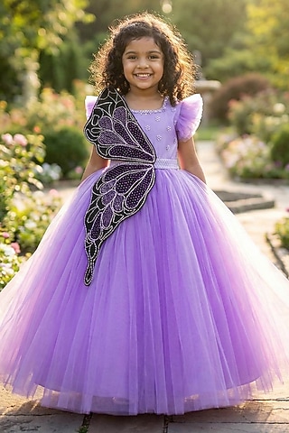 Lavender Net & Satin Embroidered Gown For Girls by Li & Li Boutique