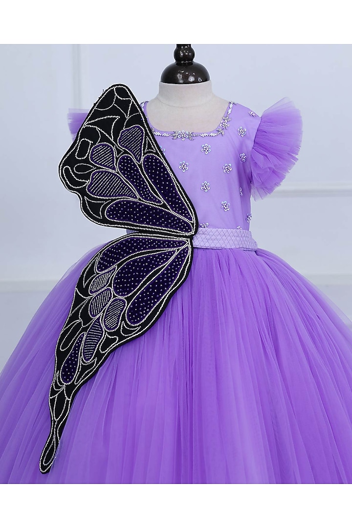 Lavender Net & Satin Embroidered Gown For Girls by Li & Li Boutique at Pernia's Pop Up Shop