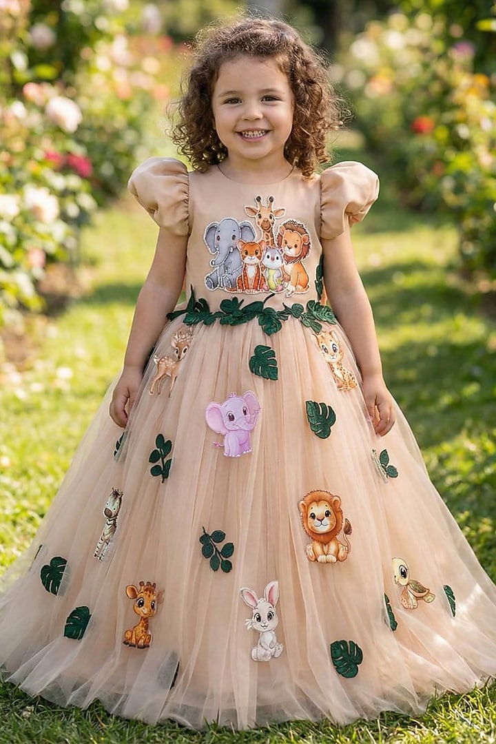 Biscuit Brown Net & Satin Embroidered Gown For Girls by Li & Li Boutique at Pernia's Pop Up Shop