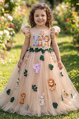 Biscuit Brown Net & Satin Embroidered Gown For Girls by Li & Li Boutique