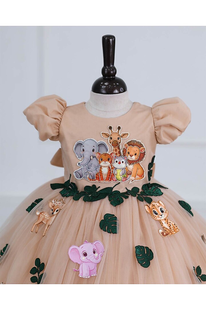 Biscuit Brown Net & Satin Embroidered Gown For Girls by Li & Li Boutique at Pernia's Pop Up Shop