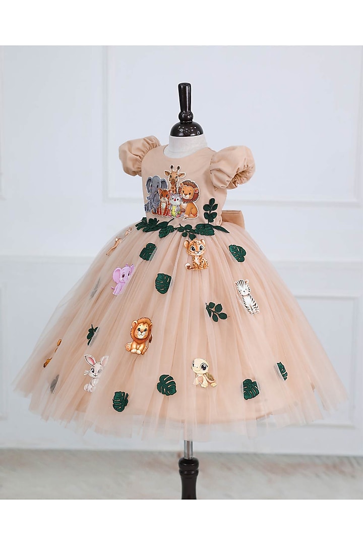 Biscuit Brown Net & Satin Embroidered Gown For Girls by Li & Li Boutique at Pernia's Pop Up Shop