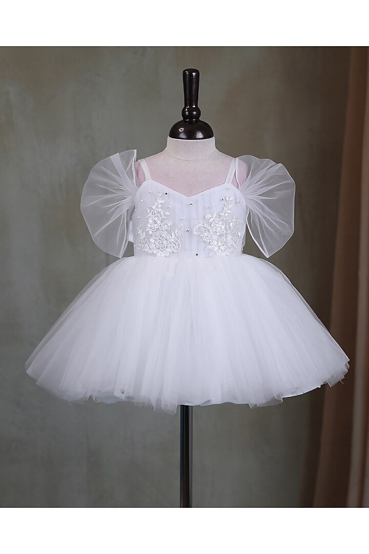 White Net & Satin Embroidered Gown For Girls by Li & Li Boutique at Pernia's Pop Up Shop