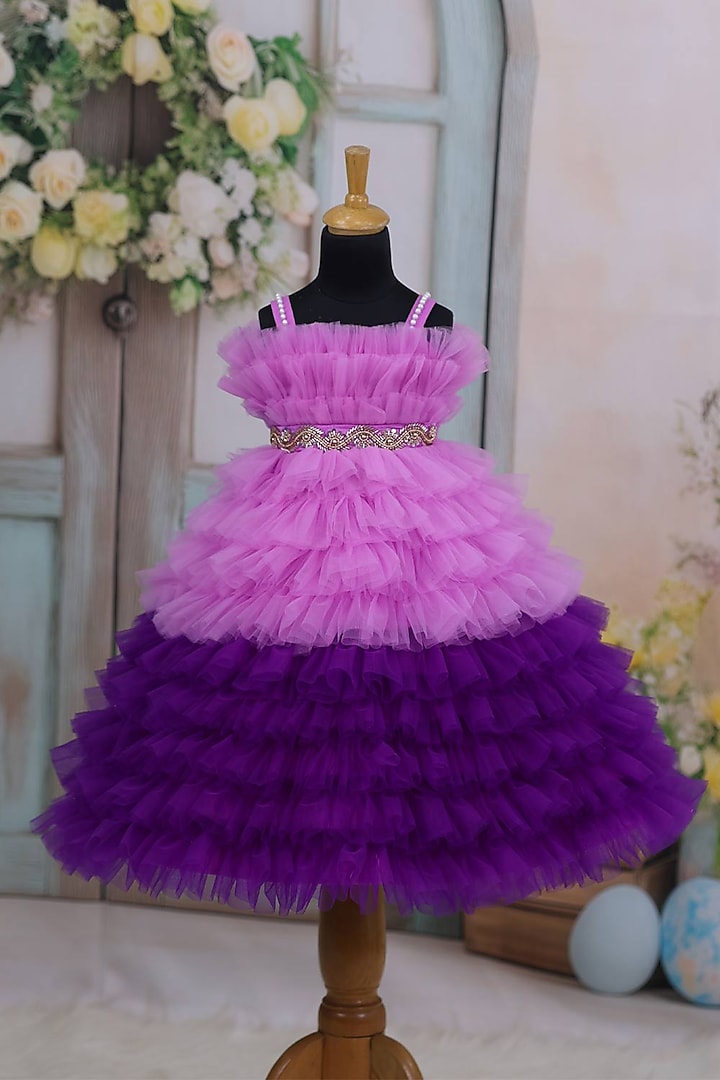 Light Lavender Net & Satin Embroidered Dress For Girls by Li & Li Boutique at Pernia's Pop Up Shop