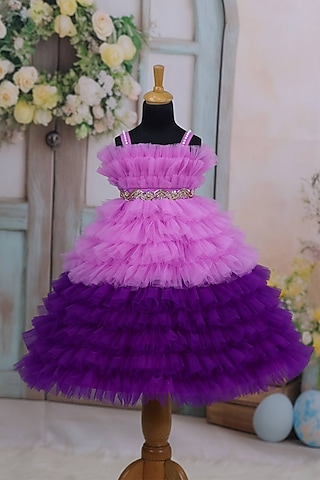 Light Lavender Net & Satin Embroidered Dress For Girls by Li & Li Boutique