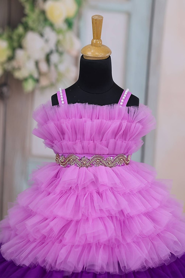 Light Lavender Net & Satin Embroidered Dress For Girls by Li & Li Boutique at Pernia's Pop Up Shop
