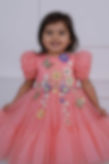 Blush Peach Net & Satin Embroidered Dress For Girls by Li & Li Boutique at Pernia's Pop Up Shop