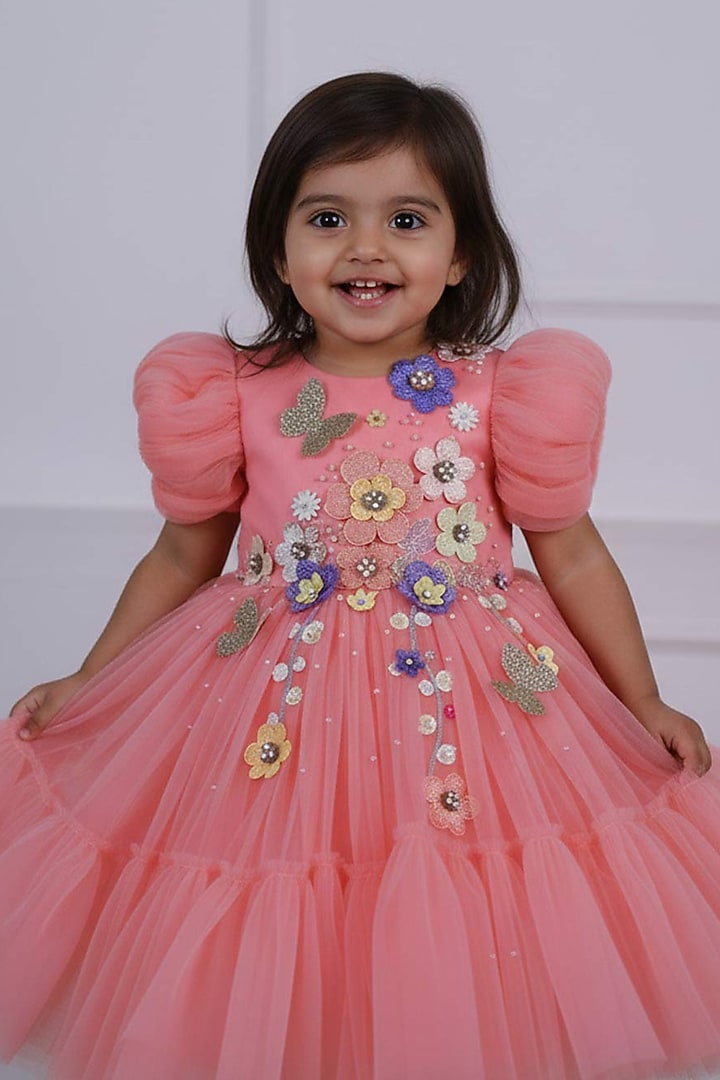 Blush Peach Net & Satin Embroidered Dress For Girls by Li & Li Boutique at Pernia's Pop Up Shop