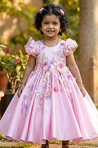 Pastel Baby Pink Imported Satin Embroidered Dress by Li & Li Boutique