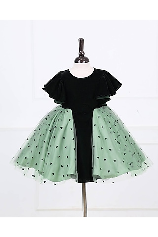Dark Forest Green Net & Satin Embroidered Dress For Girls by Li & Li Boutique