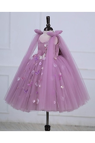 Lilac Net & Satin Embroidered Gown For Girls by Li & Li Boutique