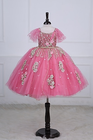 Rose Pink Net & Satin Embroidered Gown For Girls by Li & Li Boutique