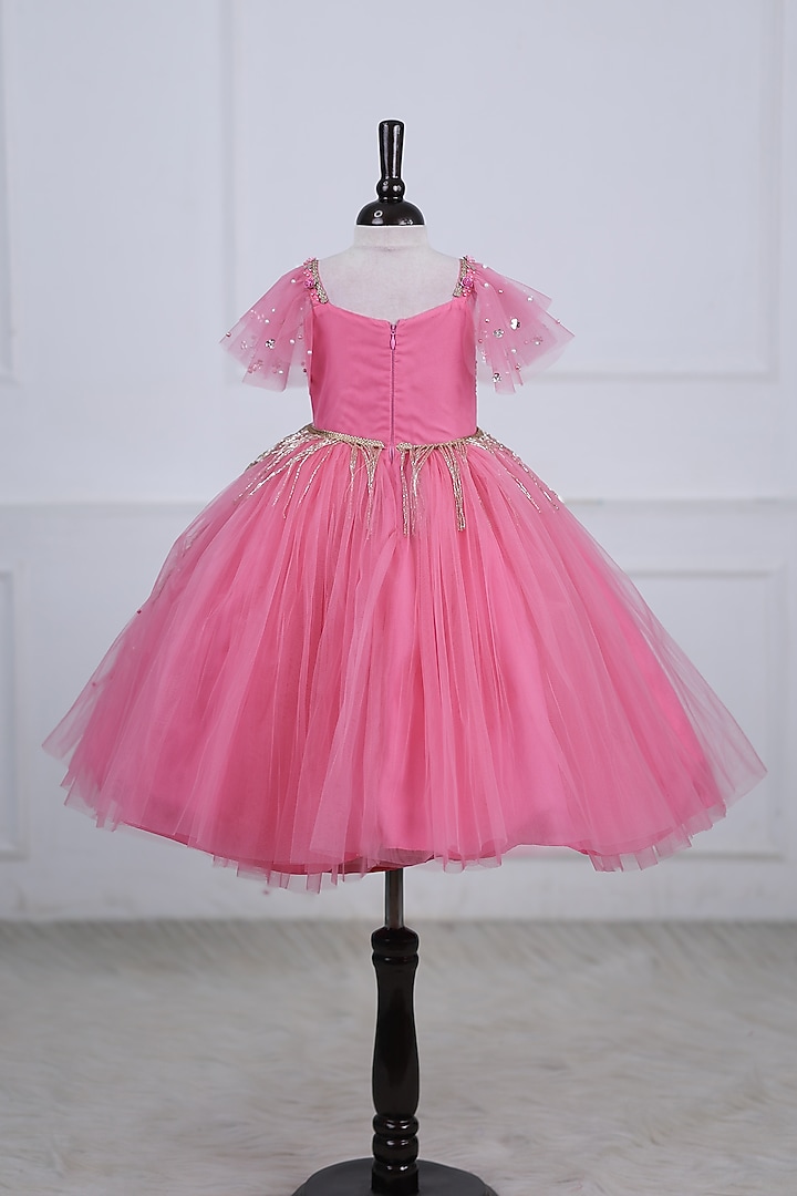Rose Pink Net & Satin Embroidered Gown For Girls by Li & Li Boutique at Pernia's Pop Up Shop