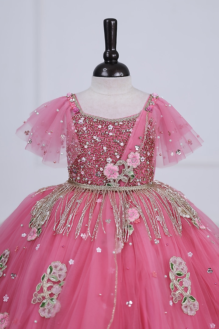 Rose Pink Net & Satin Embroidered Gown For Girls by Li & Li Boutique at Pernia's Pop Up Shop