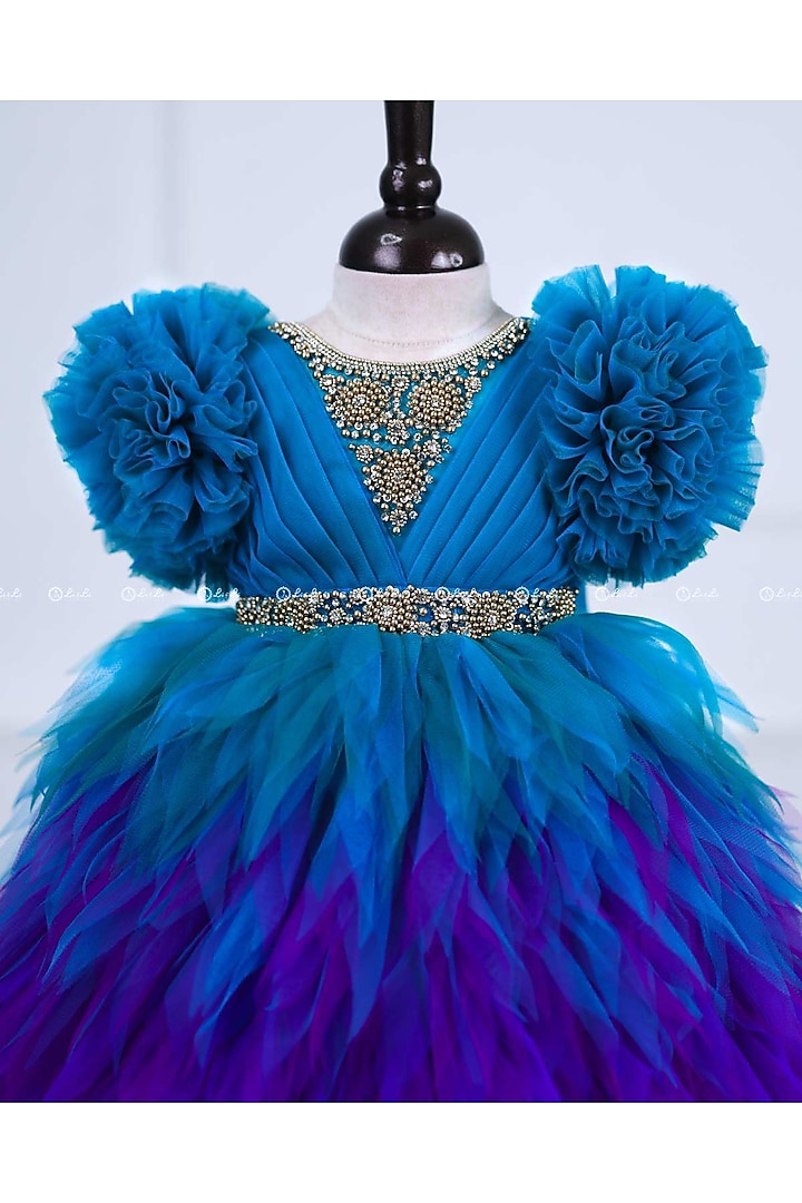 Emerald Green & Royal Blue Satin Embroidered Gown For Girls by Li & Li Boutique at Pernia's Pop Up Shop