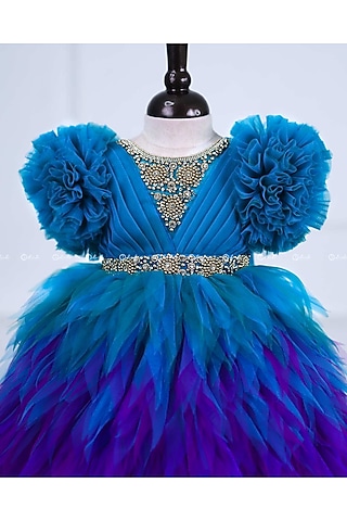 Emerald Green & Royal Blue Satin Embroidered Gown For Girls by Li & Li Boutique