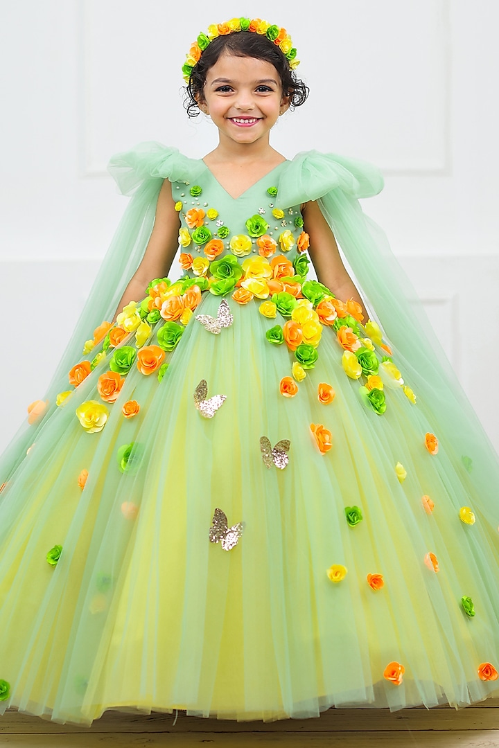 Multi-Colored Net & Satin Embroidered Dress For Girls by Li & Li Boutique at Pernia's Pop Up Shop