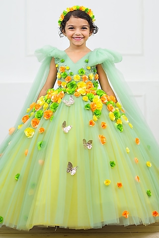 Multi-Colored Net & Satin Embroidered Dress For Girls by Li & Li Boutique