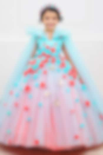 Coral & Aqua Blue Net & Satin Embroidered Dress For Girls by Li & Li Boutique at Pernia's Pop Up Shop