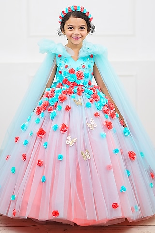 Coral & Aqua Blue Net & Satin Embroidered Dress For Girls by Li & Li Boutique